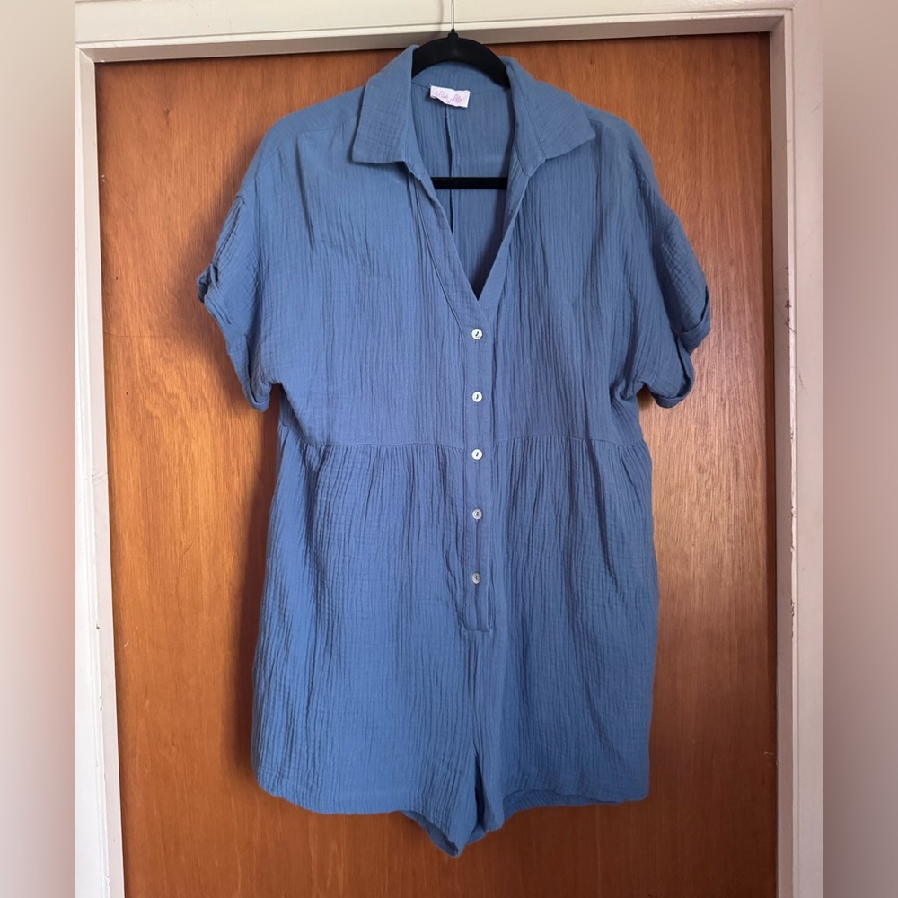 Pink Lily Blue Button-Down Romper